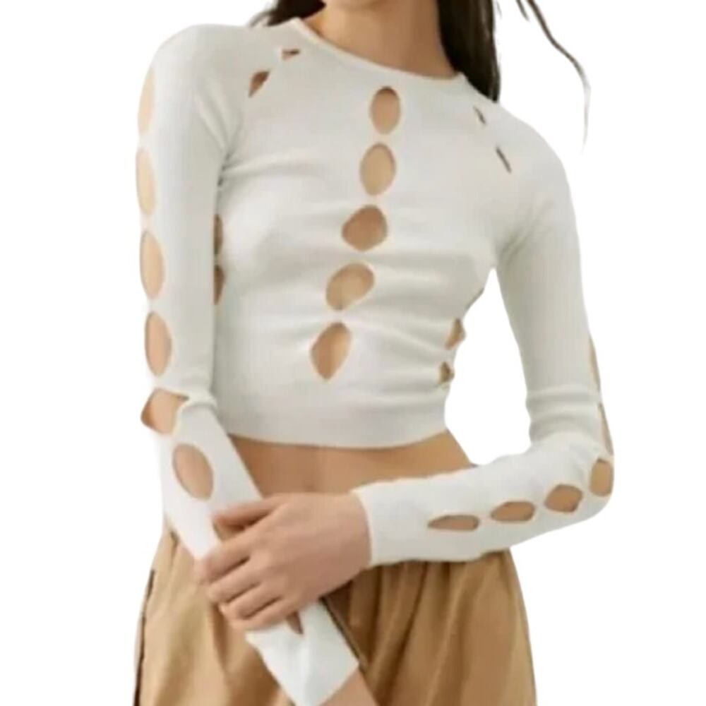 Urban Outfitters Sweater Cropped Ulla Cut Out Women's Medium Cream Long Sleeve